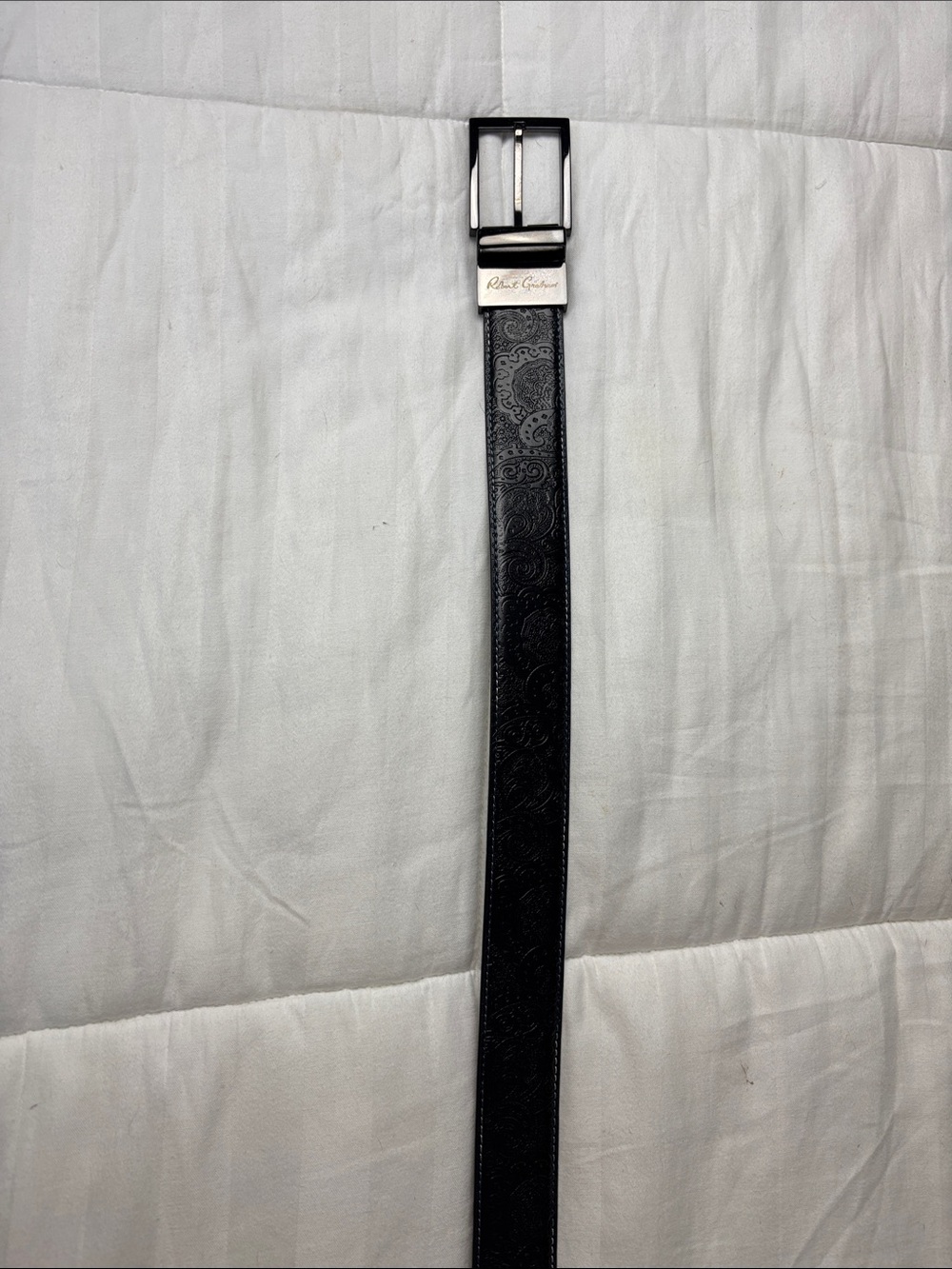 Robert Graham Black Embossed Leather Belt with Silver Buckle